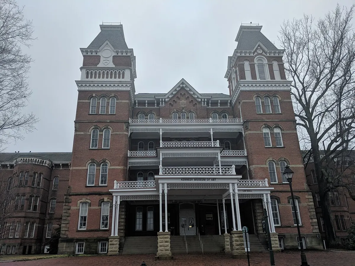 The towered brick front of the former Athens Lunatic Asylum at The Ridges