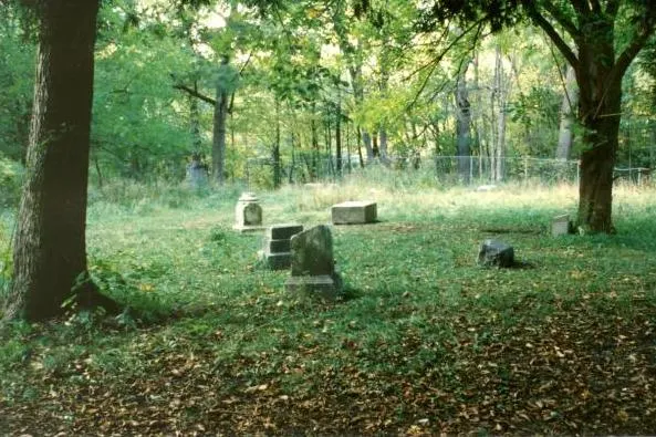 Weathered headstones among the trees at Bachelor’s Grove Cemetery
