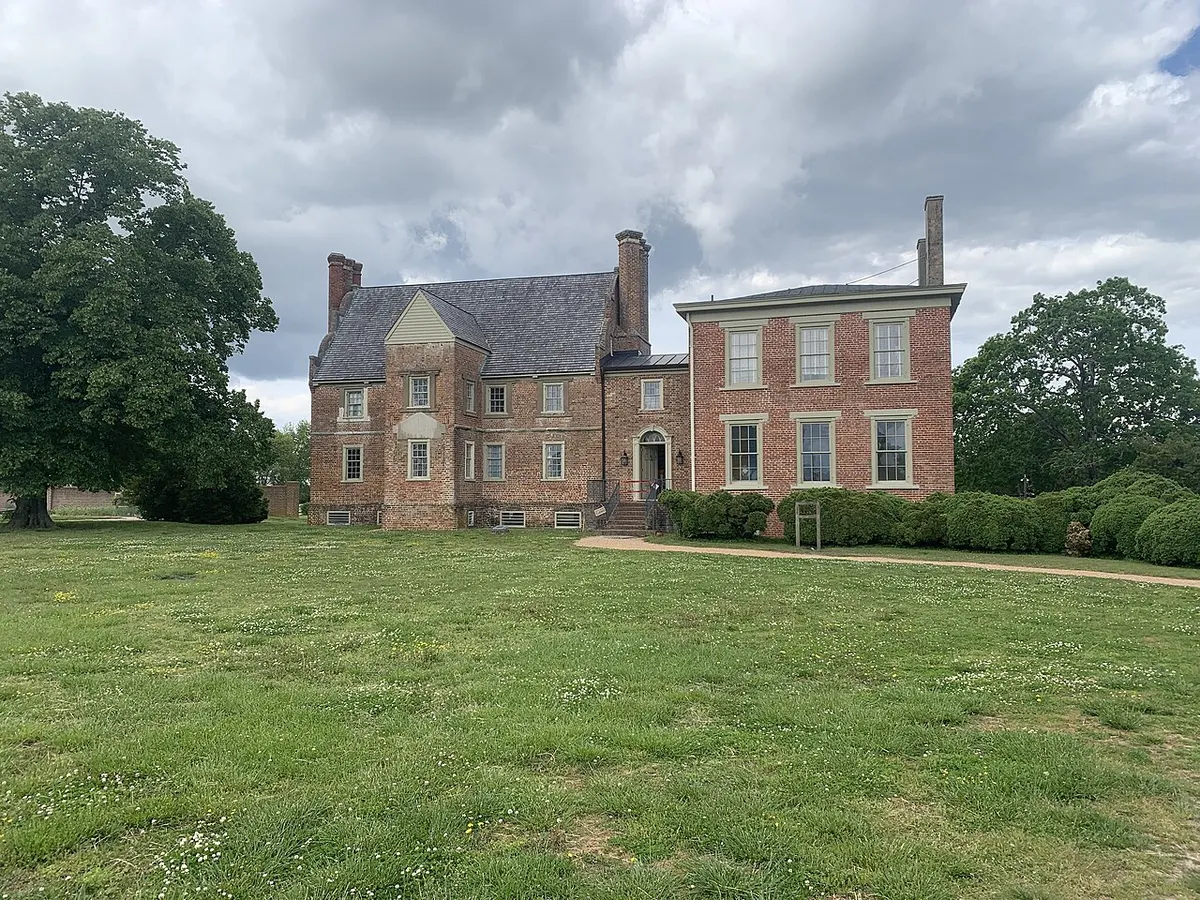 The front of Bacon’s Castle, a 17th-century brick house in Surry County, Virginia