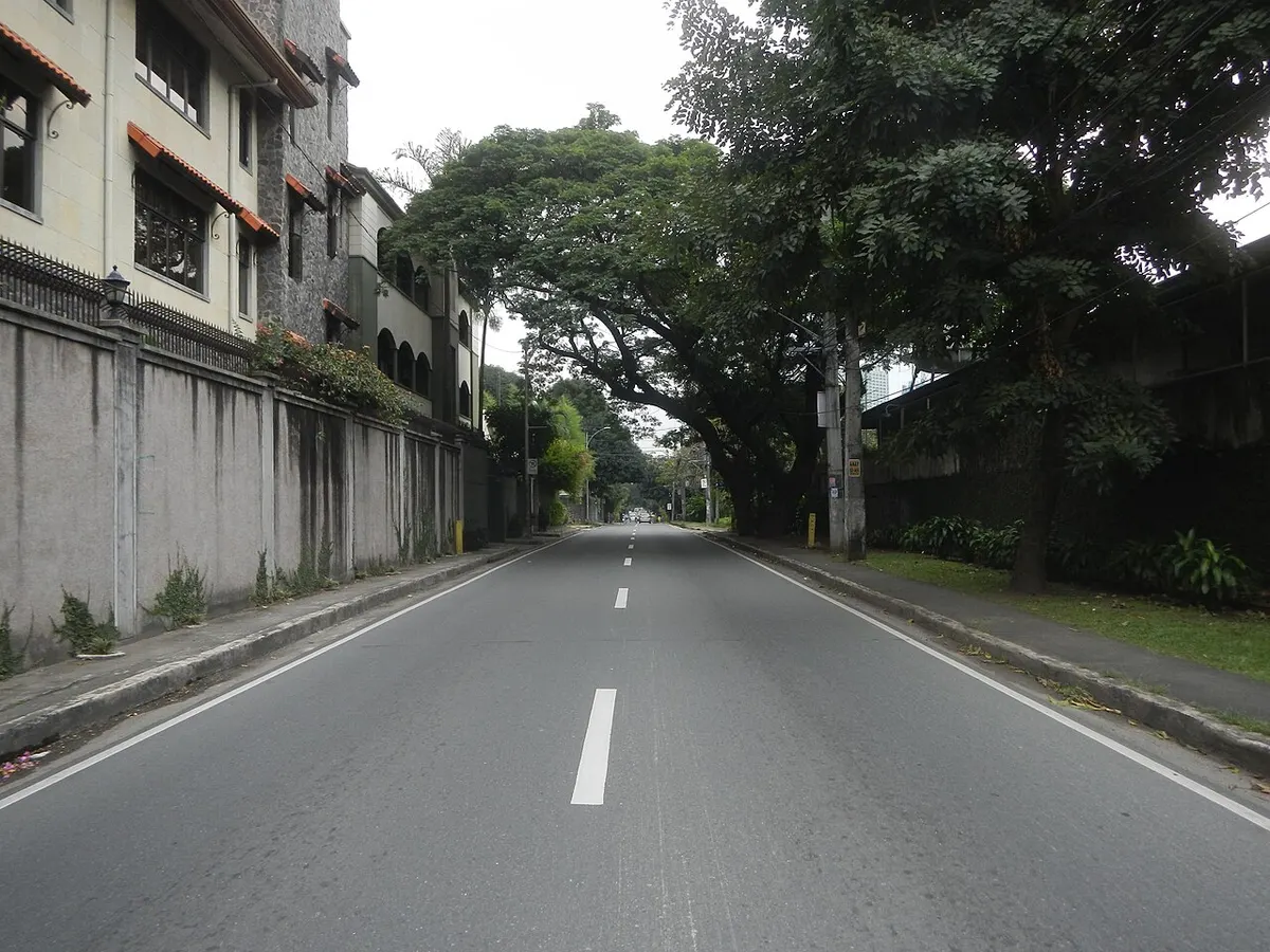 Balete Drive in New Manila, Quezon City, a tree-lined two-lane street with walls and houses along it