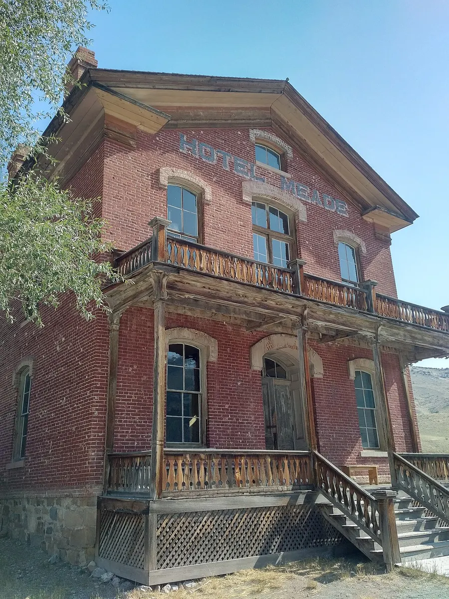 The brick Hotel Meade on Main Street in the ghost town of Bannack, Montana