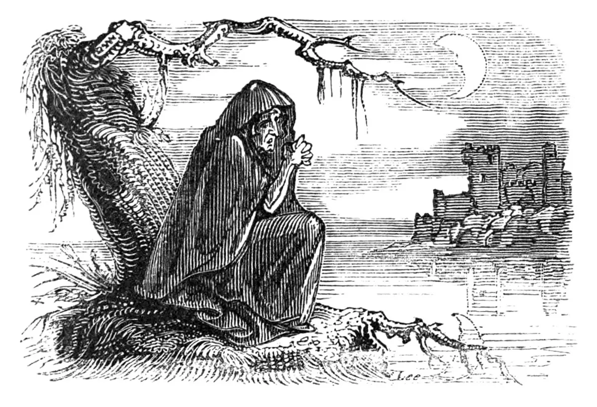 19th-century engraving of the Bunworth Banshee, a cloaked woman wailing in the night, from Croker’s Fairy Legends