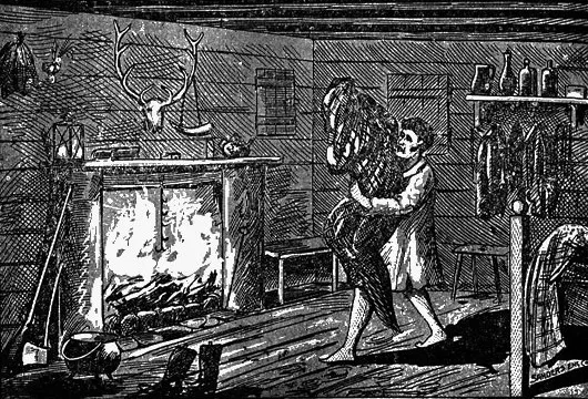 An 1894 illustration from Ingram’s Bell Witch history showing William Porter trying to throw the witch, wrapped in a blanket, into the fire