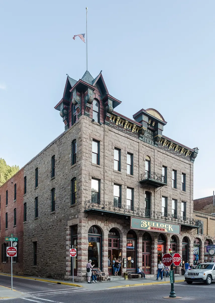 The stone front of the Bullock Hotel on Main Street in Deadwood, South Dakota