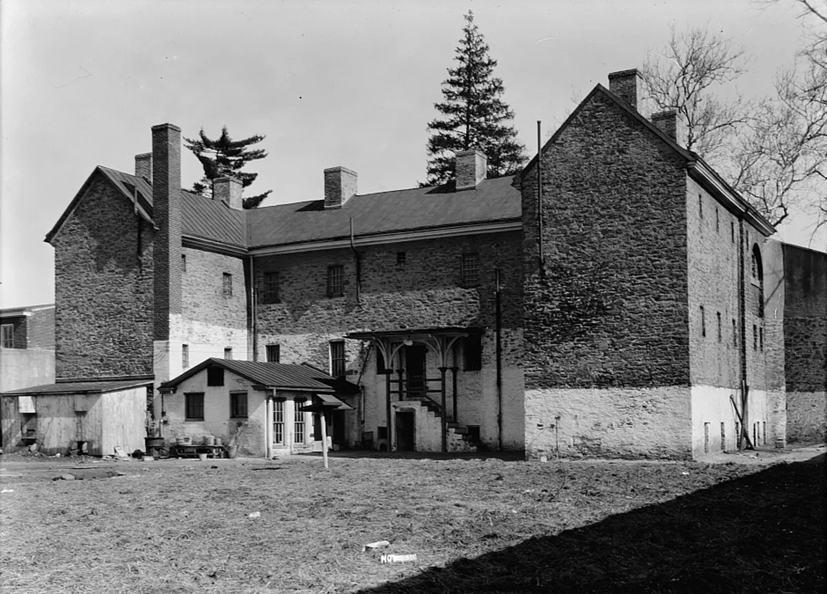 The stone front of the Burlington County Prison in Mount Holly, photographed for the Historic American Buildings Survey
