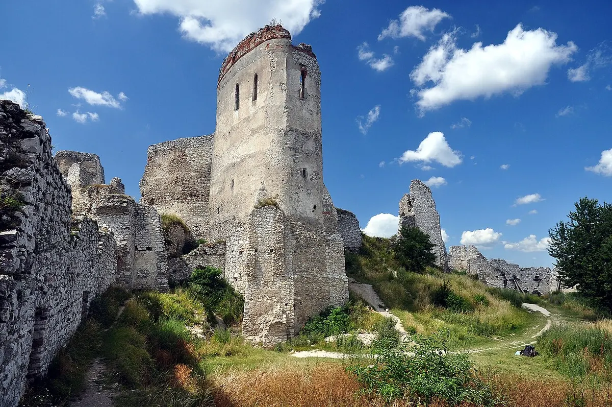 The ruined stone keep and walls of Čachtice Castle on its hilltop in western Slovakia