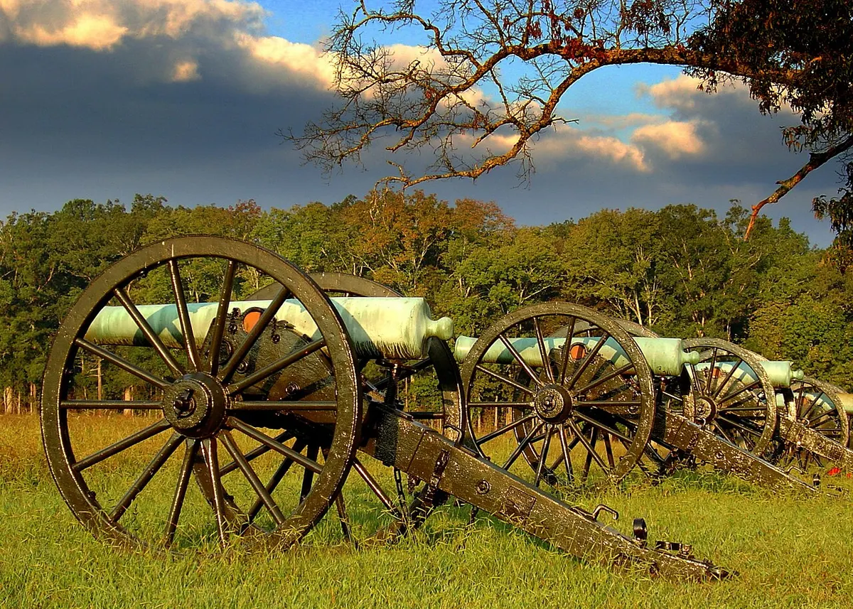 A row of Civil War cannon marking Bloom’s Louisiana Battery on the Chickamauga battlefield