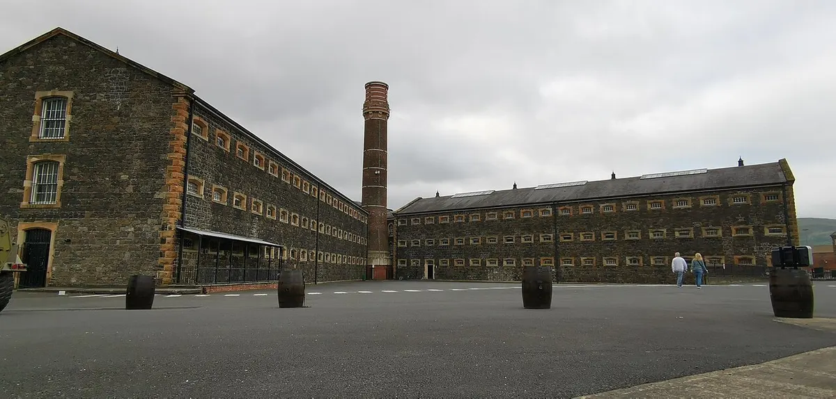 The dark basalt front of Crumlin Road Gaol in north Belfast