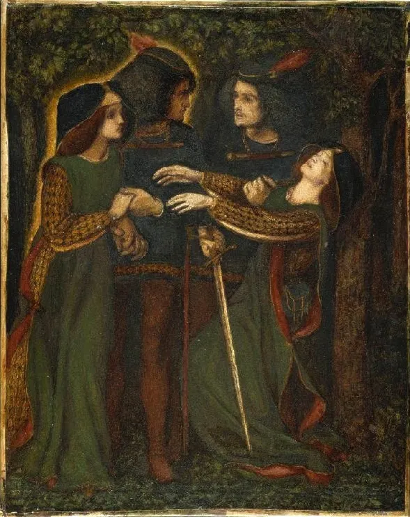 Dante Gabriel Rossetti’s painting How They Met Themselves: a medieval couple in a dark wood meet their own glowing doubles, and the woman swoons