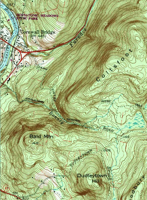 1984 USGS topographic map excerpt showing the Dudleytown area of Cornwall, Connecticut