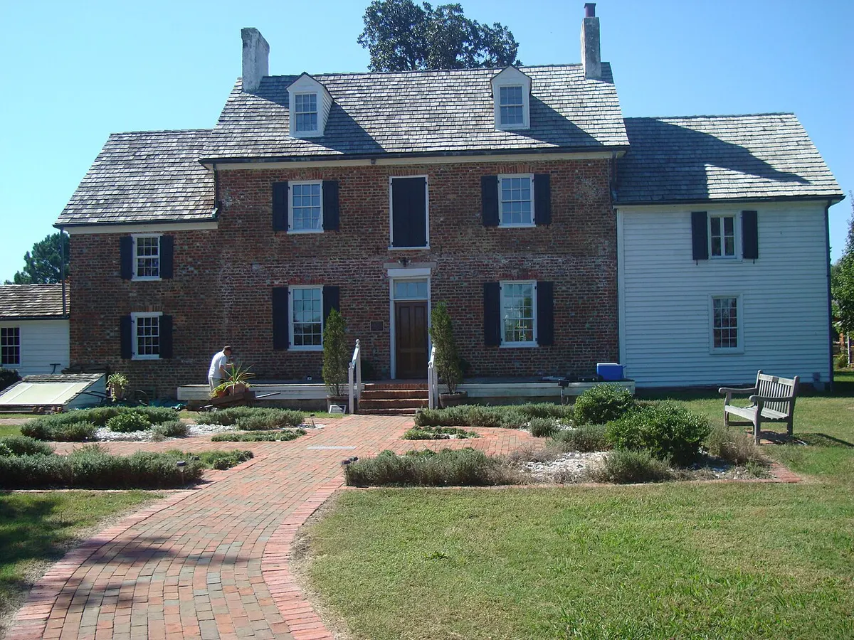 The brick front of Ferry Plantation House in Virginia Beach