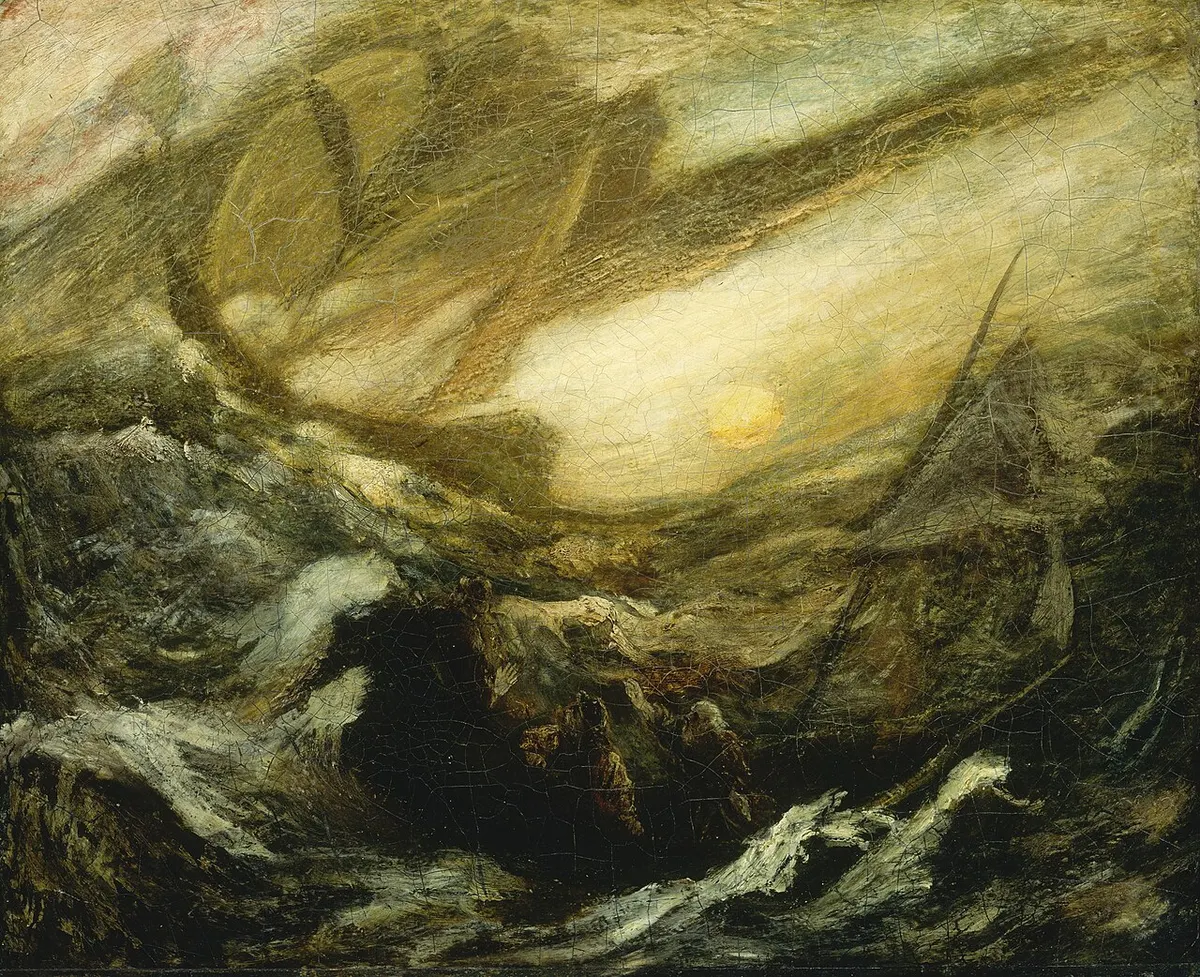 Albert Pinkham Ryder’s painting The Flying Dutchman: a ghostly ship looms in a yellow, storm-torn sky above a small boat tossed on dark waves