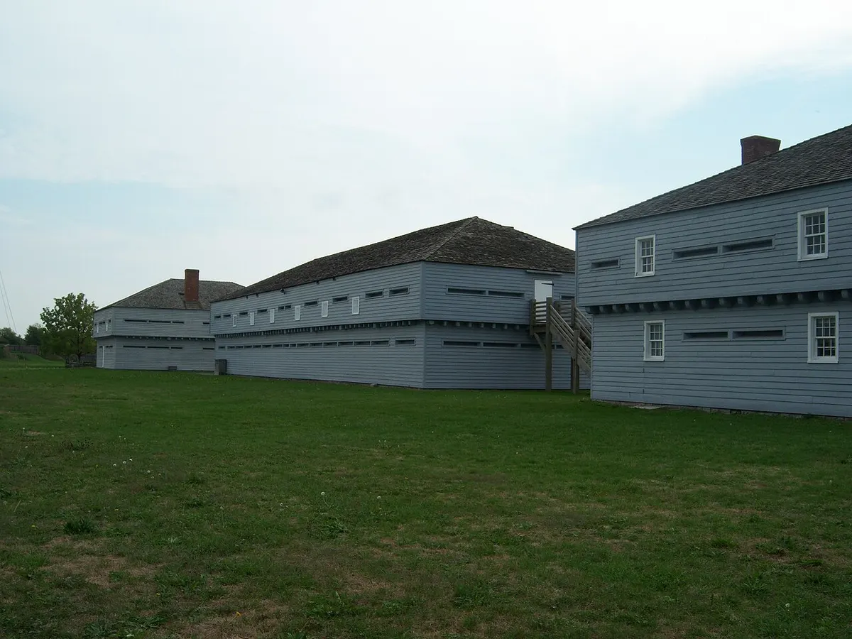 Wooden blockhouses inside the earthworks of Fort George at Niagara-on-the-Lake