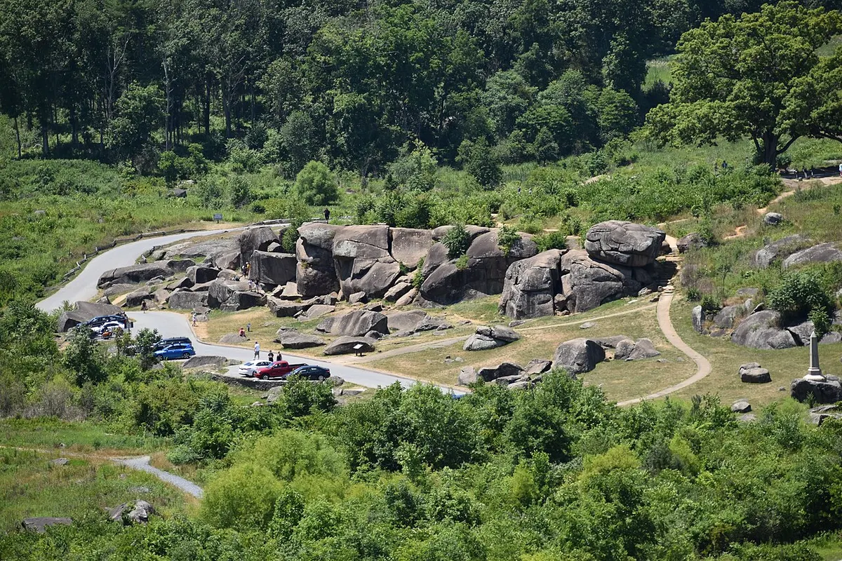 The boulders of Devil’s Den seen from Little Round Top on the Gettysburg battlefield
