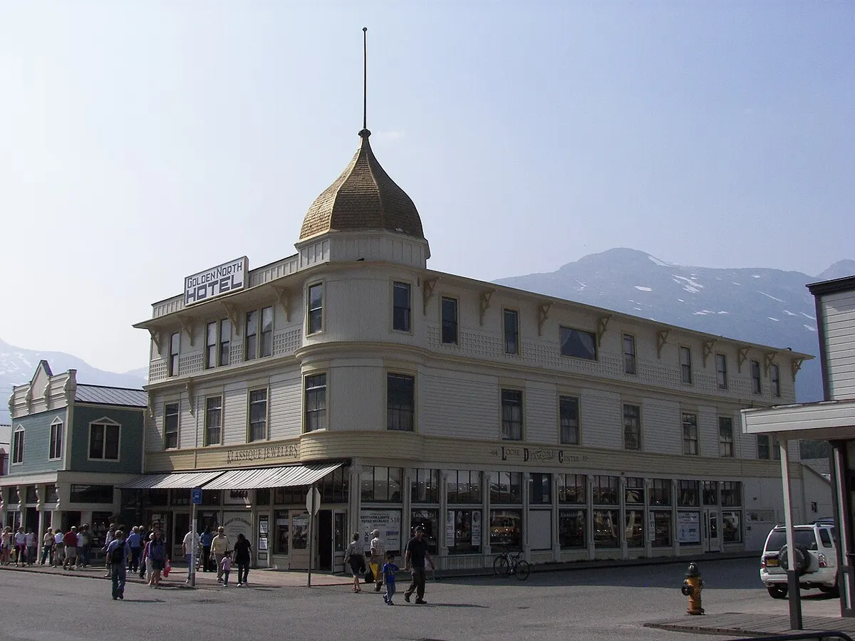 The Golden North Hotel and its gilded dome at Broadway and Third Avenue in Skagway