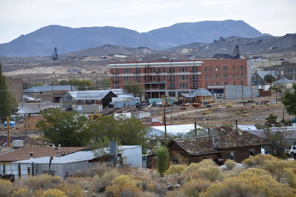 The four-story stone and brick Goldfield Hotel in Goldfield, Nevada
