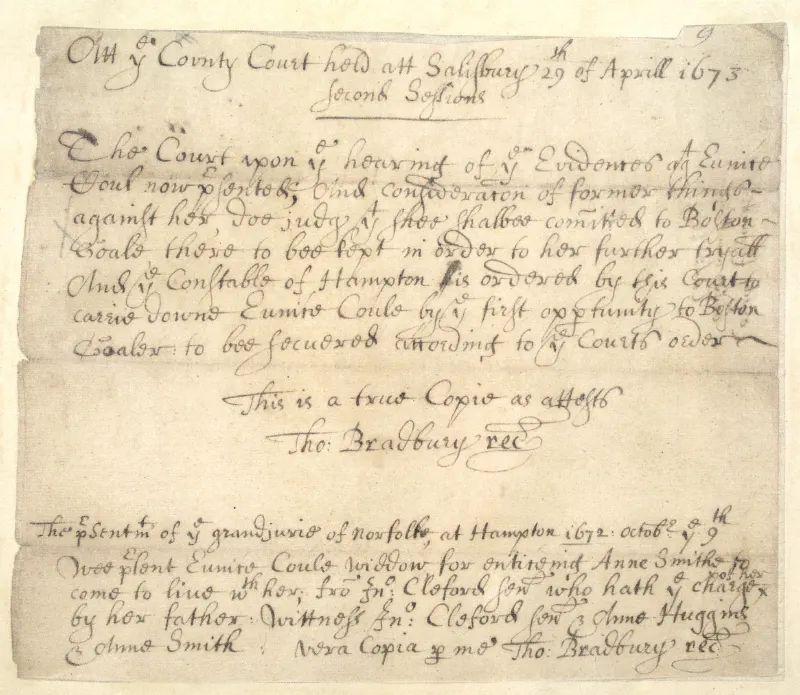 The 1673 court record of the witchcraft prosecution of Eunice Cole
