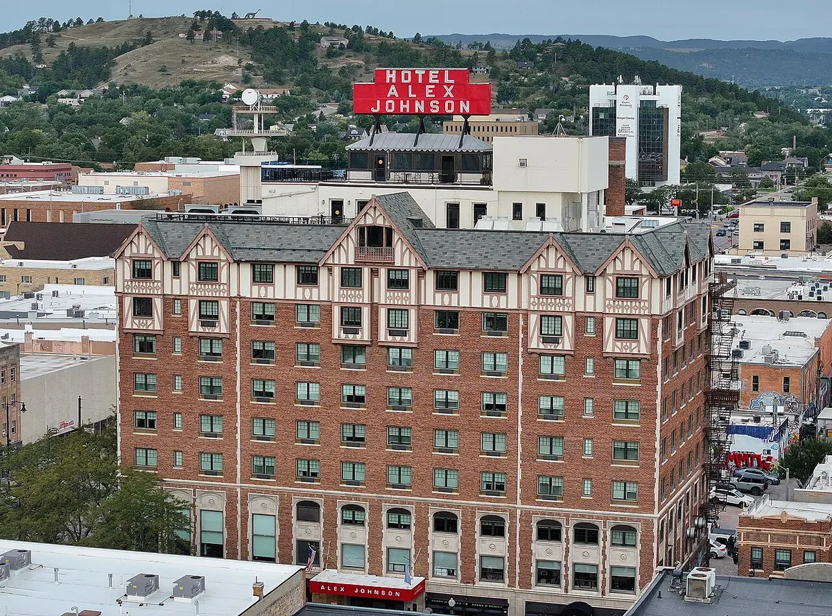 The eight-storey brick Hotel Alex Johnson in downtown Rapid City