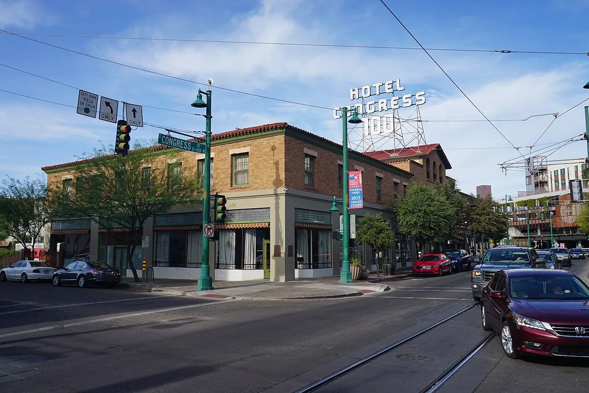 The Hotel Congress and its neon sign in downtown Tucson, Arizona