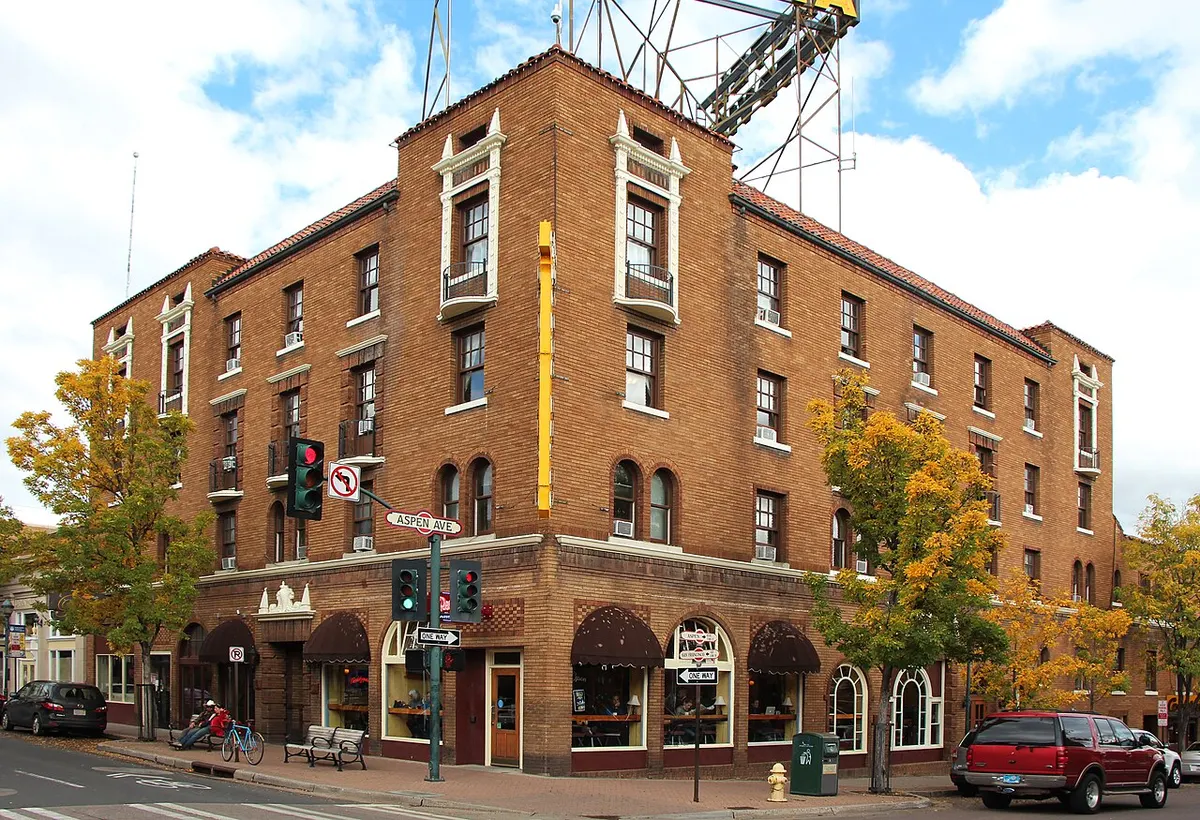 The Hotel Monte Vista and its rooftop sign in downtown Flagstaff, Arizona
