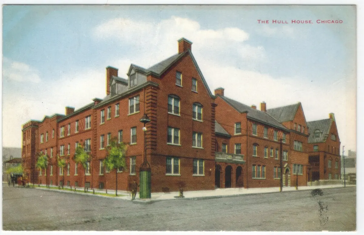 Early twentieth-century postcard view of the front of Hull-House on Halsted Street, Chicago