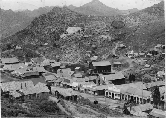 Silver City, Idaho, in 1892, with its main street of wooden buildings below the Owyhee hills