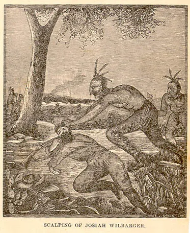 Nineteenth-century woodcut from Indian Depredations in Texas illustrating the attack on Josiah Wilbarger