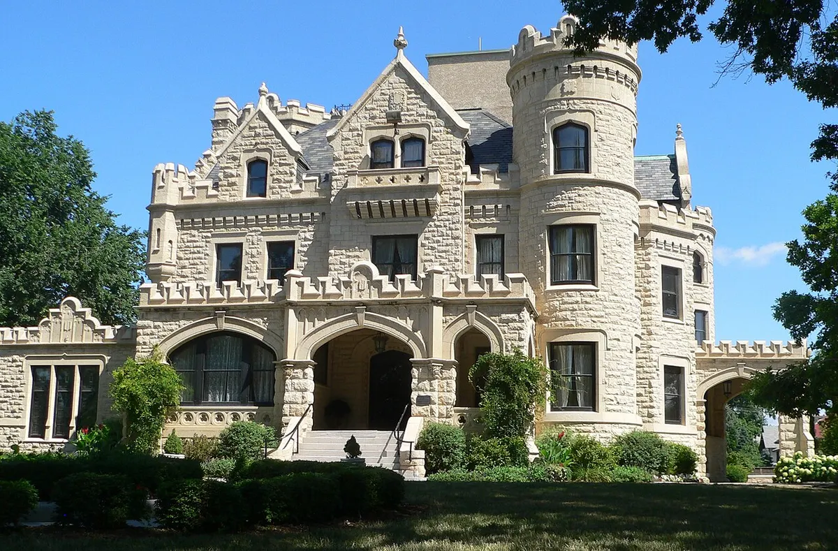 The stone Scottish baronial Joslyn Castle in Omaha seen from the south