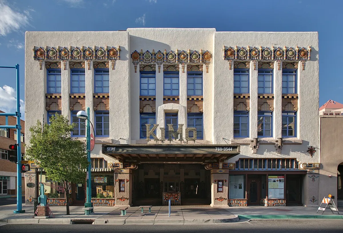 The ornate Pueblo Deco facade and sign of the KiMo Theatre on Central Avenue, Albuquerque