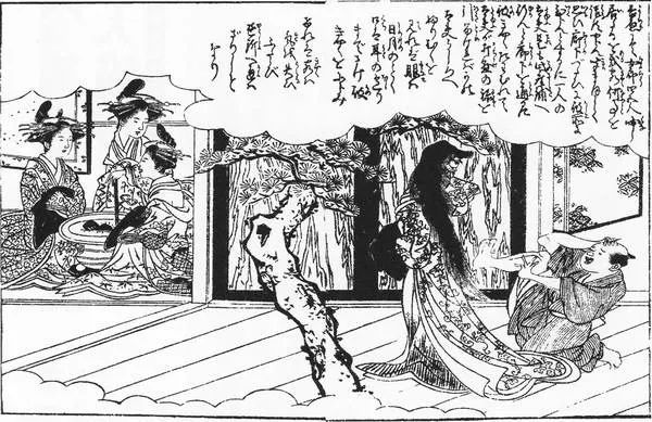 Edo-period woodblock illustration from Ehon Sayo Shigure of a courtesan whose face is revealed as uncanny, an early relative of the slit-mouthed woman