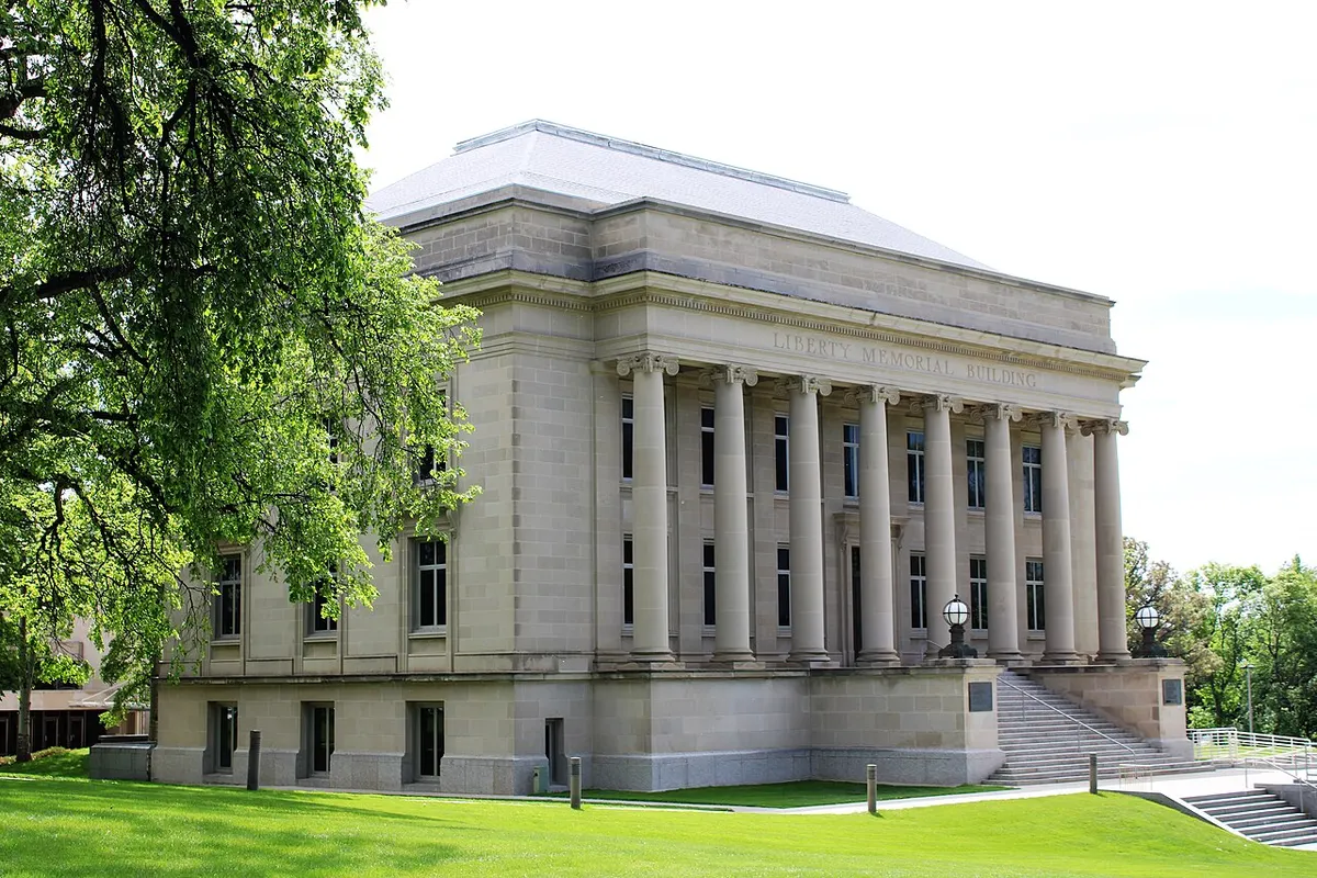 The Liberty Memorial Building on the North Dakota State Capitol grounds in Bismarck