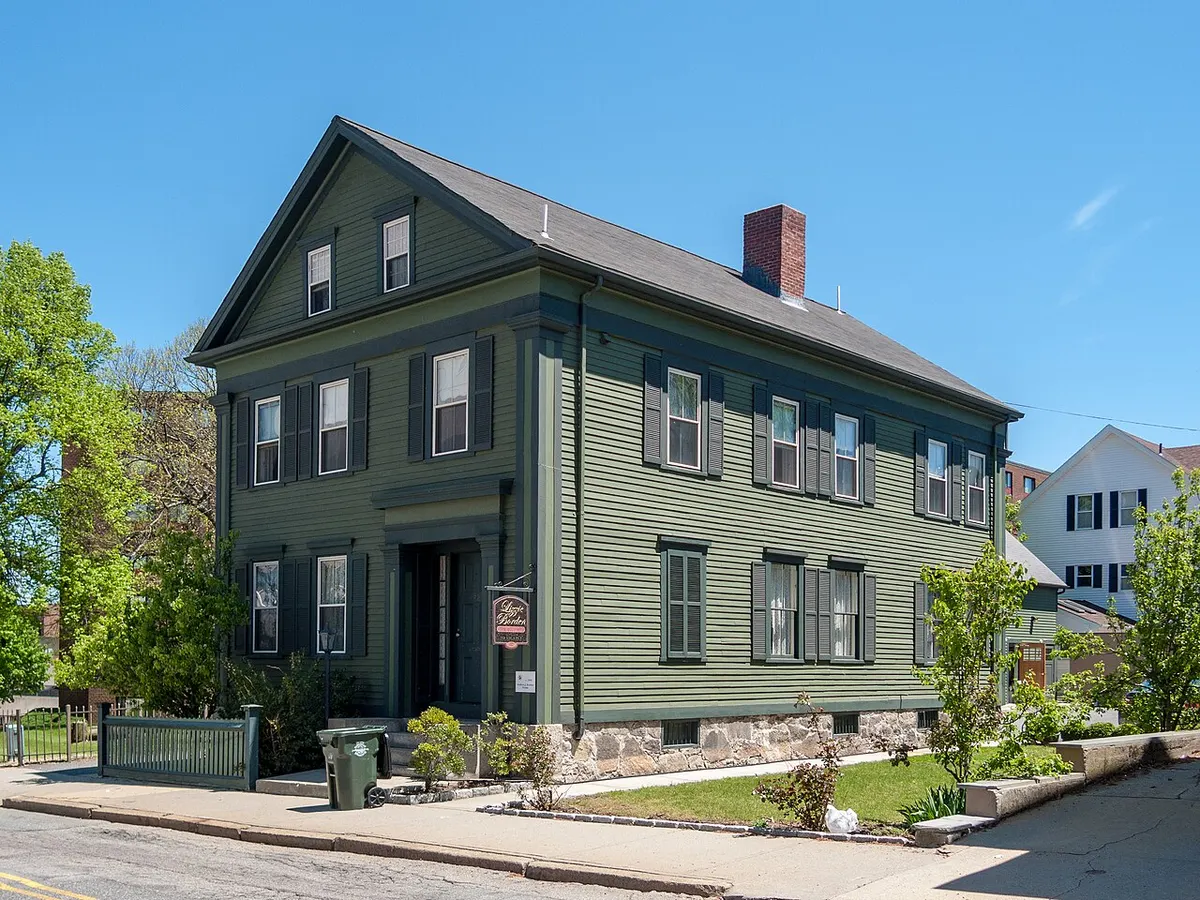 The narrow green Lizzie Borden House on Second Street in Fall River, Massachusetts