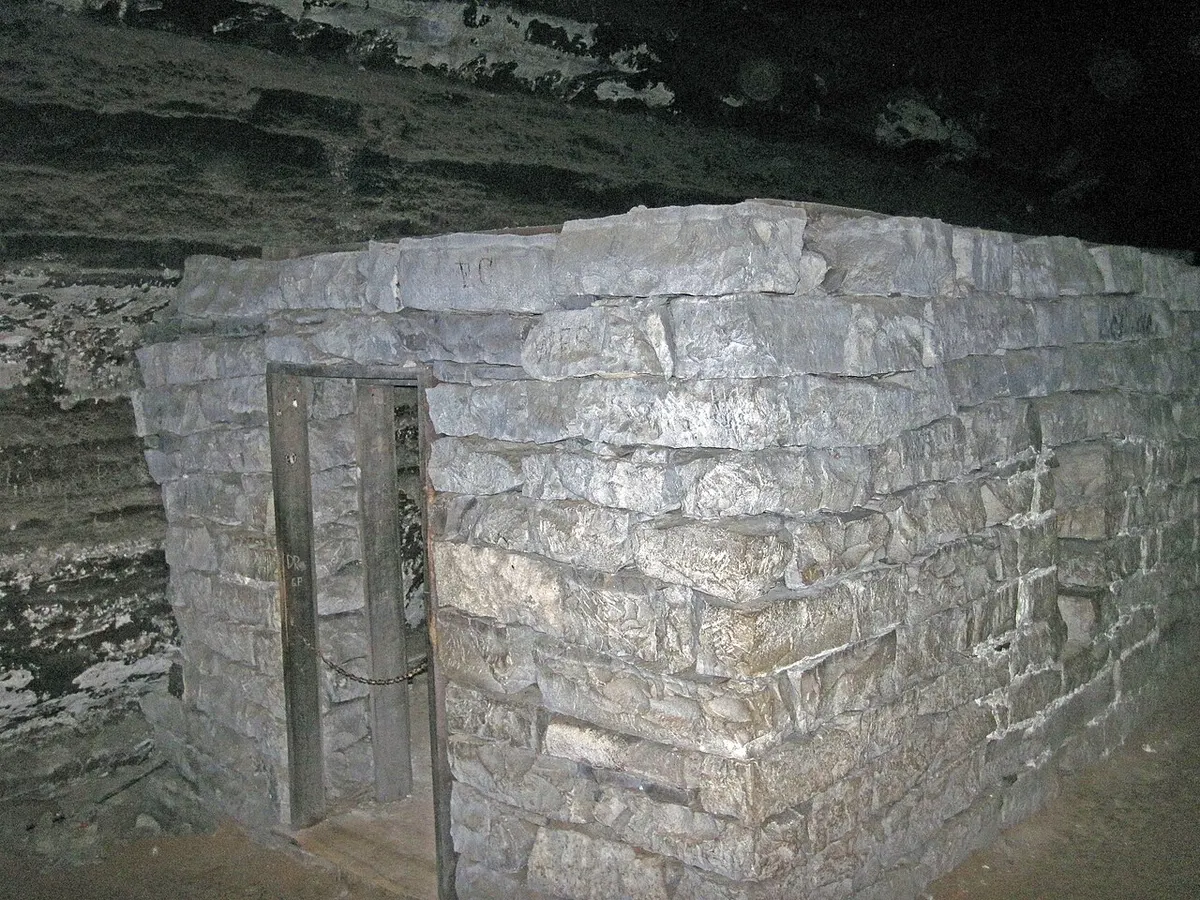 A stone hut from the 1840s underground tuberculosis hospital inside Mammoth Cave