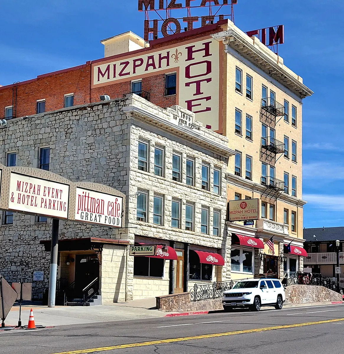 The five-story stone Mizpah Hotel on Main Street in Tonopah, Nevada