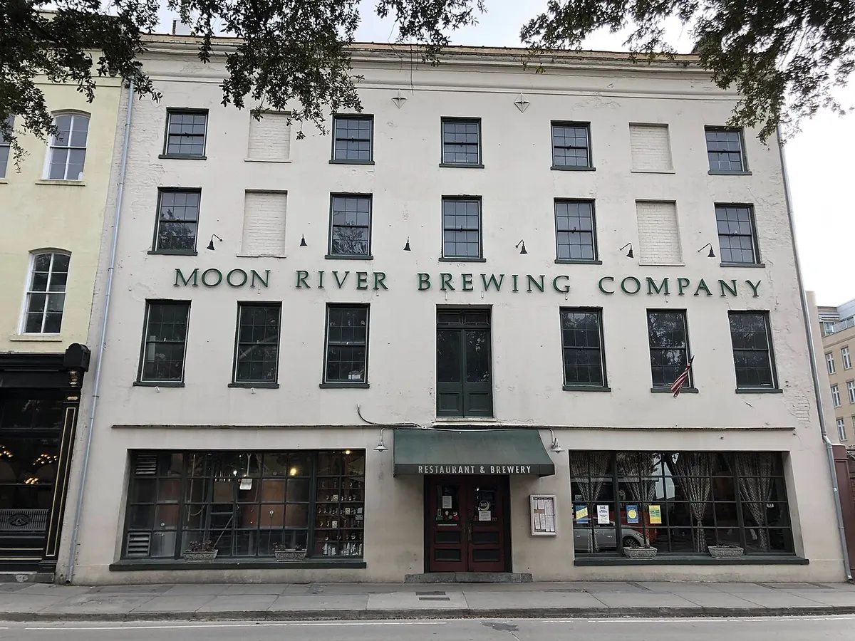 The brick former City Hotel on Bay Street in Savannah, home of Moon River Brewing Company