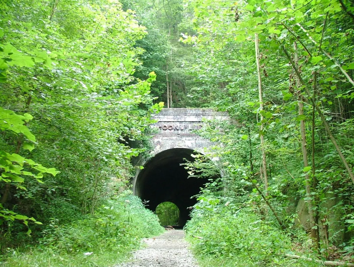 The stone portal of the Moonville Tunnel in the woods of Vinton County