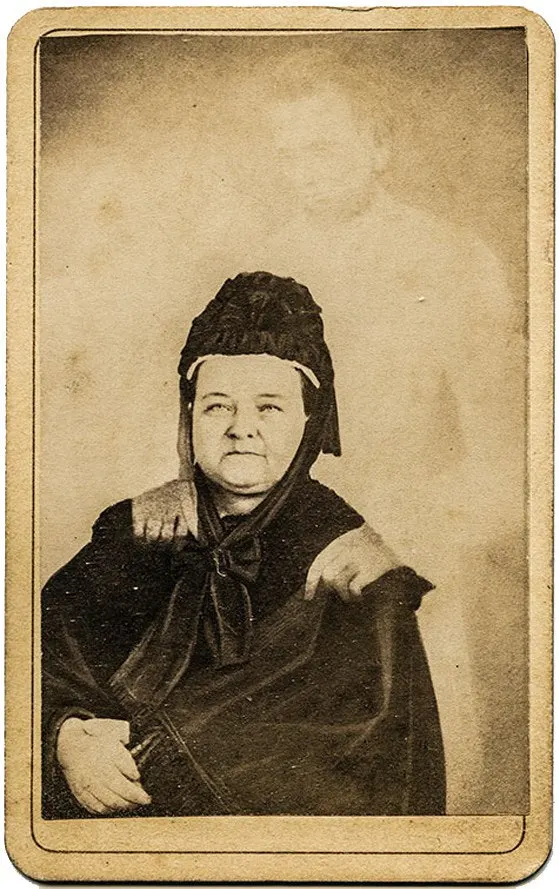 Spirit photograph by William Mumler showing Mary Todd Lincoln with a faint figure behind her
