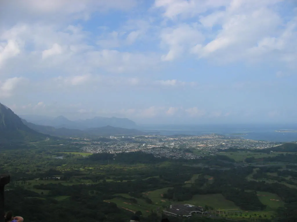 View of Kāneʻohe and the windward coast from the Pali Lookout on Oʻahu