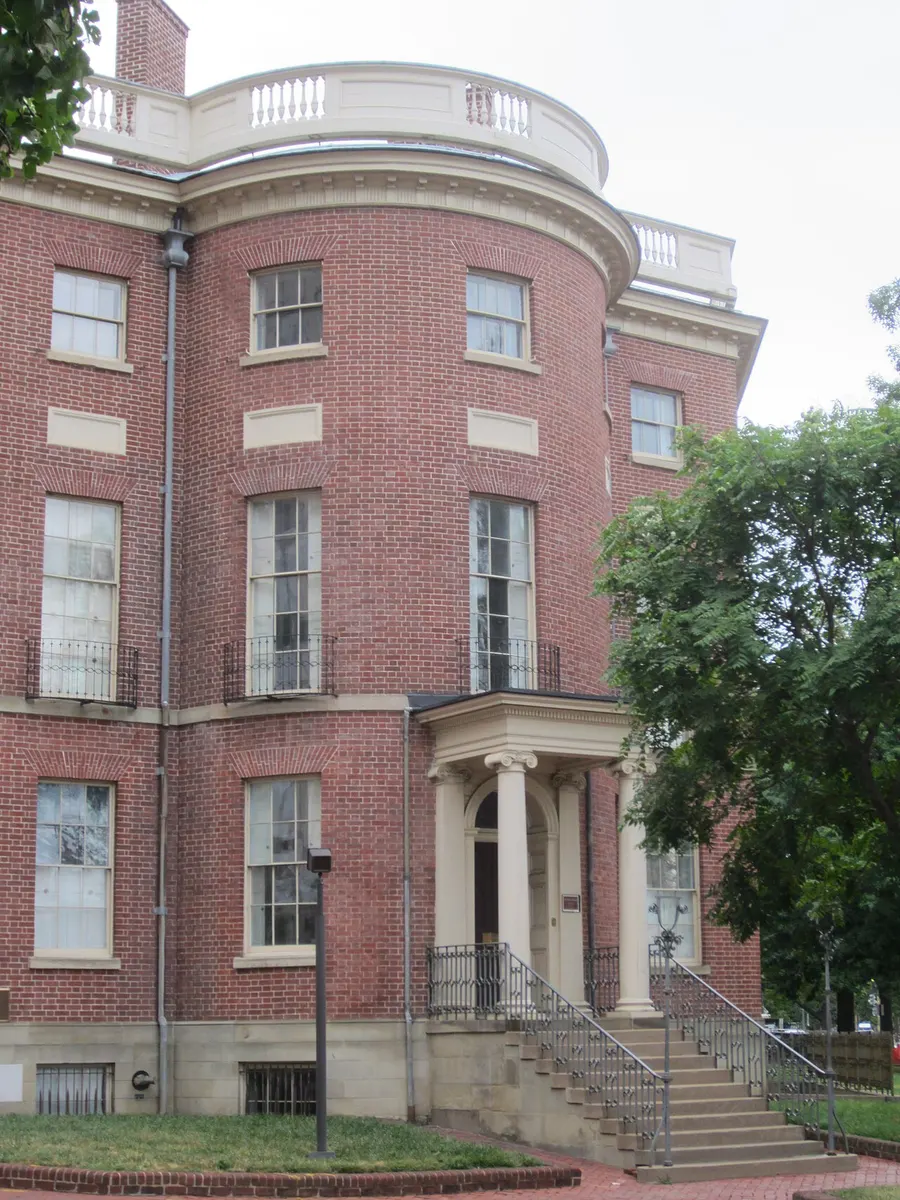 The red brick Octagon House with its rounded entrance tower in Washington, D.C.