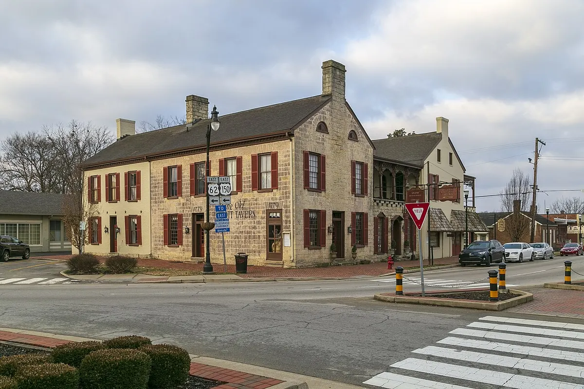 The stone and brick Old Talbott Tavern on Court Square in Bardstown, Kentucky