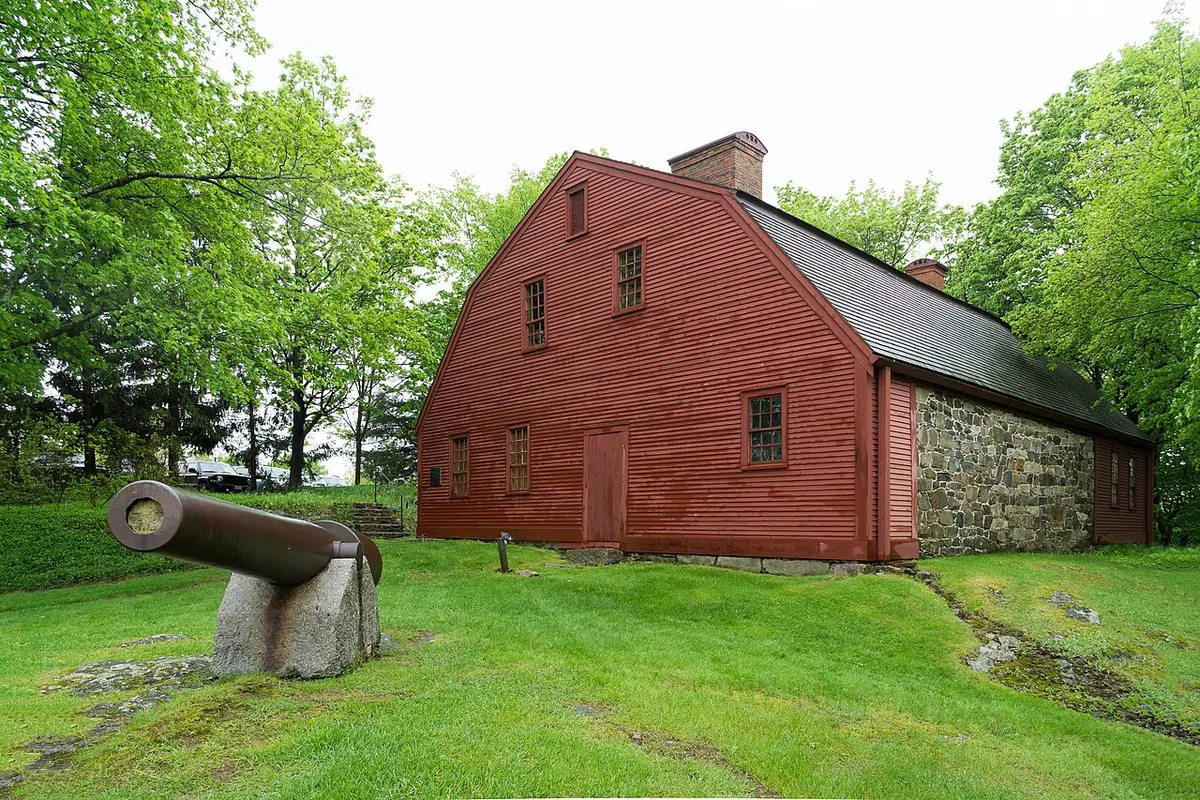The Old York Gaol, a stone and shingled colonial jail in York, Maine