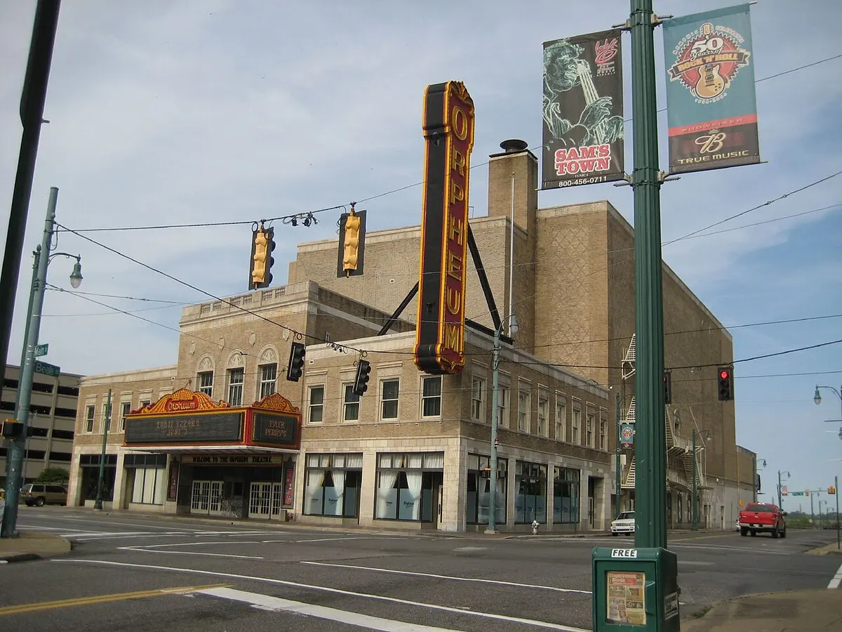 The illuminated marquee and vertical sign of the Orpheum Theatre on Main Street, Memphis