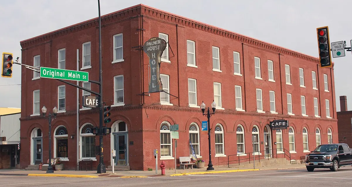 The brick Palmer House Hotel on Main Street in Sauk Centre, Minnesota