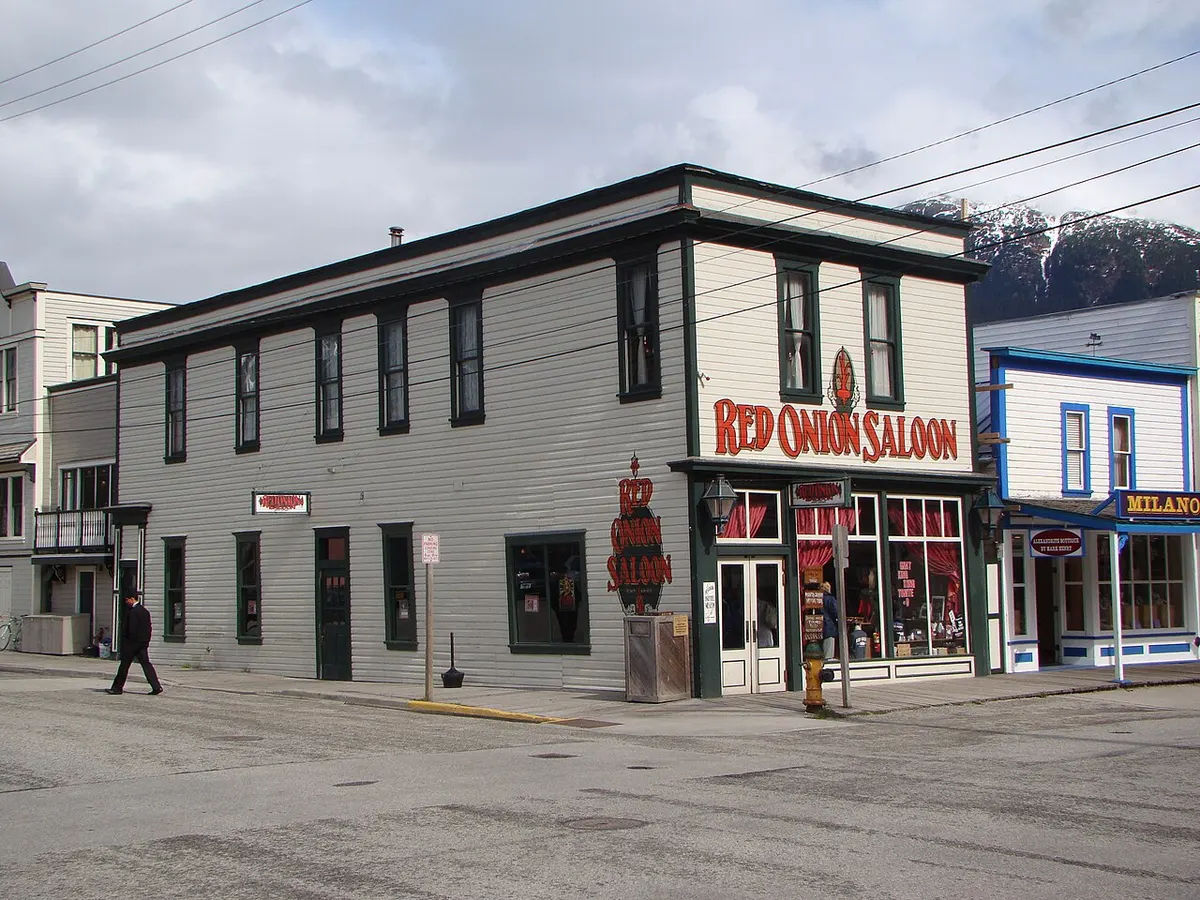 The two-storey wooden Red Onion Saloon on Broadway in Skagway, Alaska