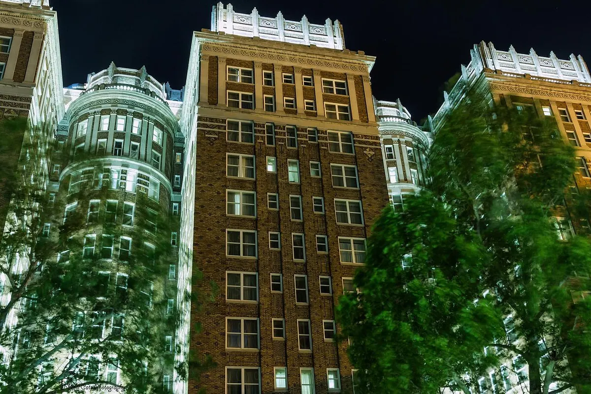 The brick towers of the Skirvin Hotel in downtown Oklahoma City
