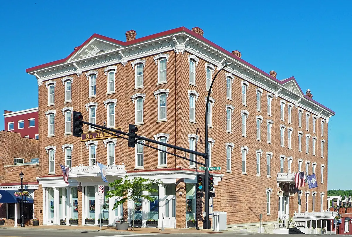 The Italianate St. James Hotel on Main Street in Red Wing, Minnesota, seen from the east