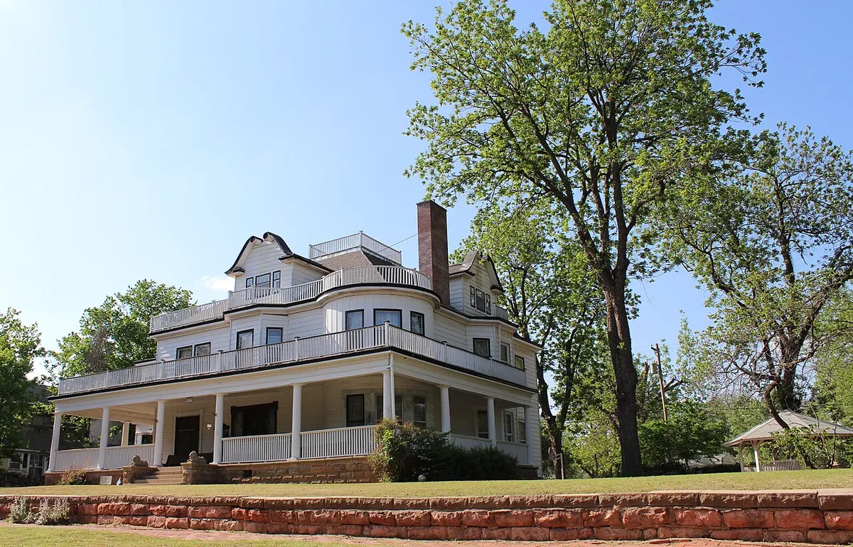 The three-story Stone Lion Inn, built in 1907 for F. E. Houghton in Guthrie