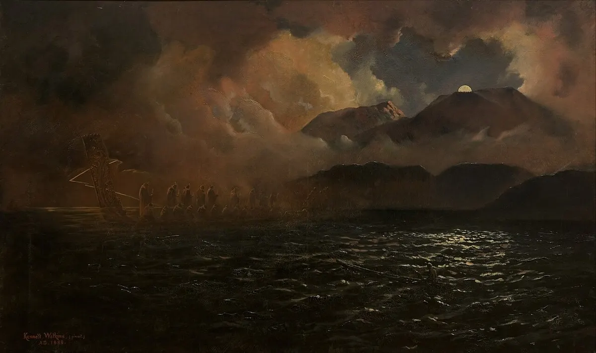 Kennett Watkins’s painting of a ghostly Māori war canoe gliding across misty Lake Tarawera