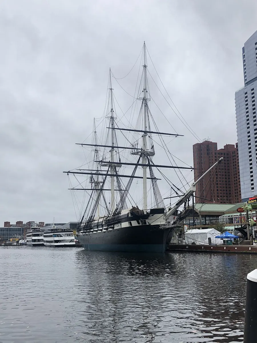 The three-masted sloop-of-war USS Constellation moored in Baltimore’s Inner Harbor