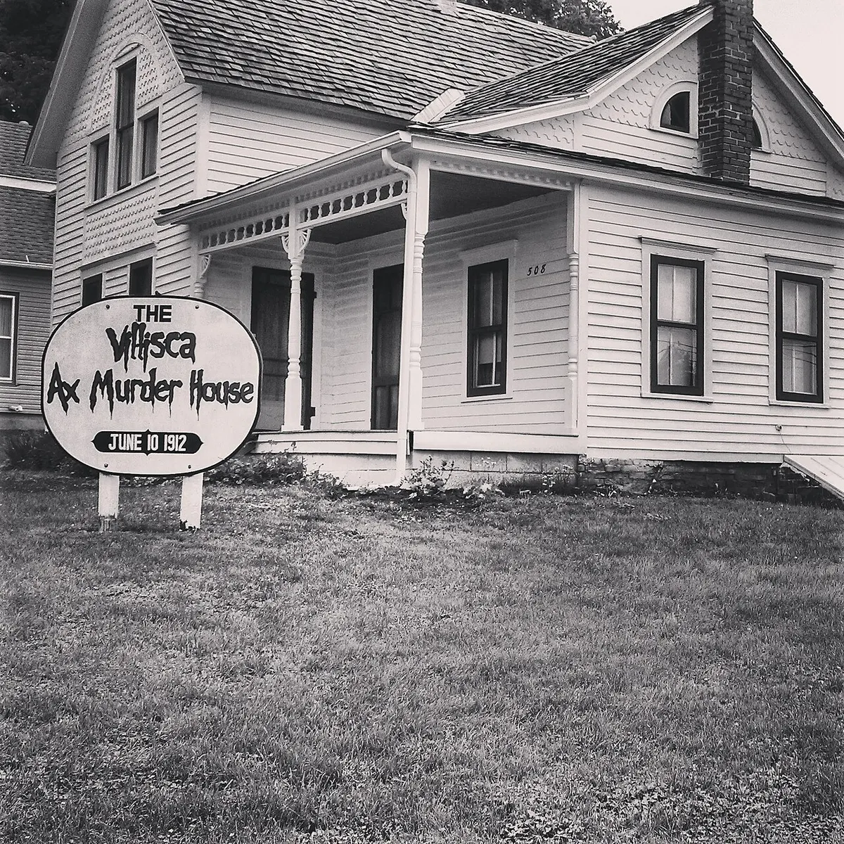The restored white two-storey Moore family house in Villisca, Iowa